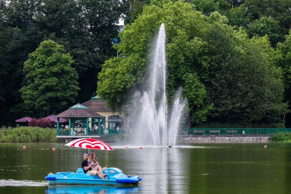 Das Wasser der großen Fontäne auf dem Schlossteich läuft aktuell wegen des Algenwachstums länger.