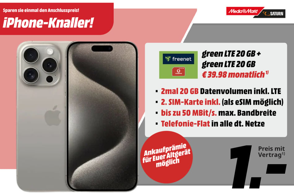 Apple iPhone 15 Pro 5G für 1 Euro im Tarif.