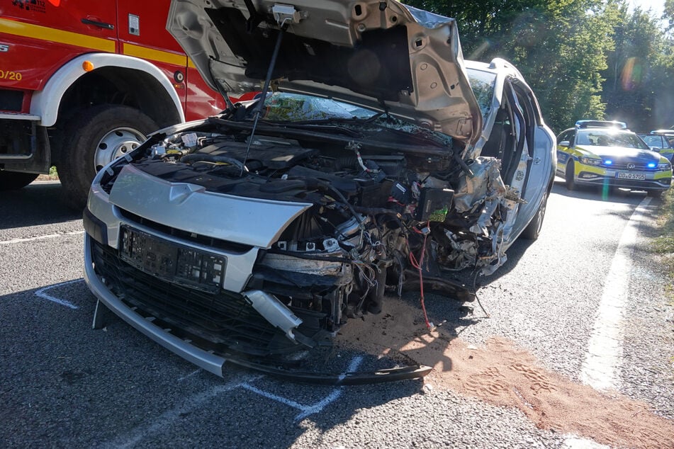 Kameraden der Feuerwehr kümmerten sich um das Aufschneiden des Renault.
