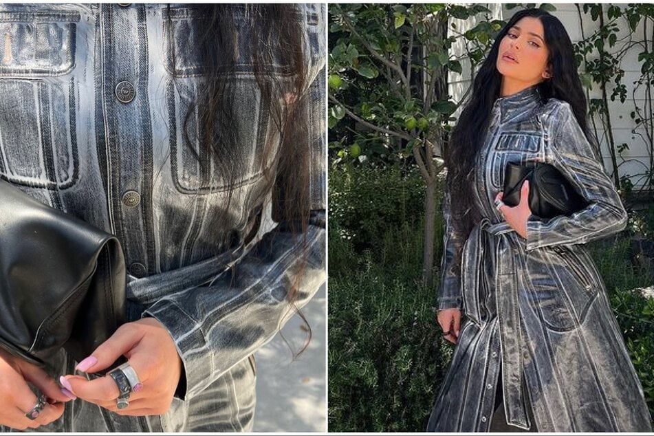 Kylie shared her edgy new style on Instagram which included silver accesories, a stone wash gray trench coat, and pointy black boots.