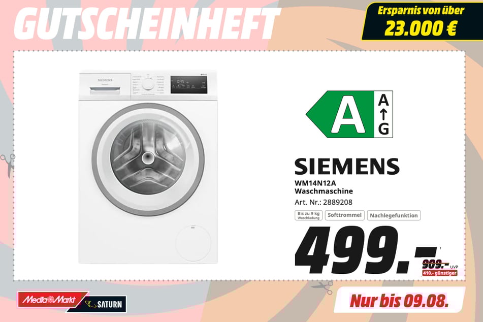 Siemens-Waschmaschine WM14N12A iQ300 für 499 statt 909 Euro.