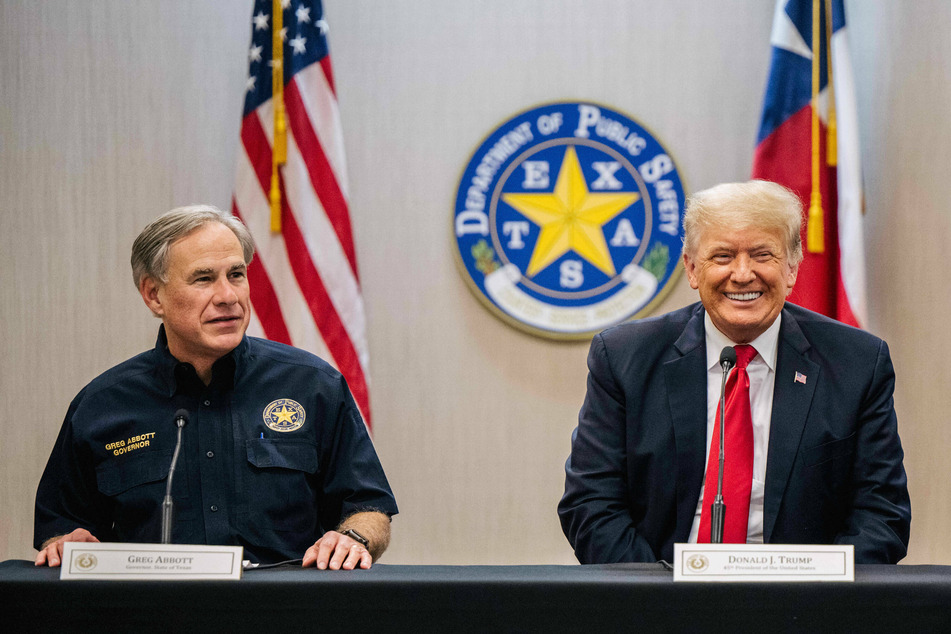 Greg Abbott (l.) and Donald Trump both touted the benefits of Regeneron antibodies.