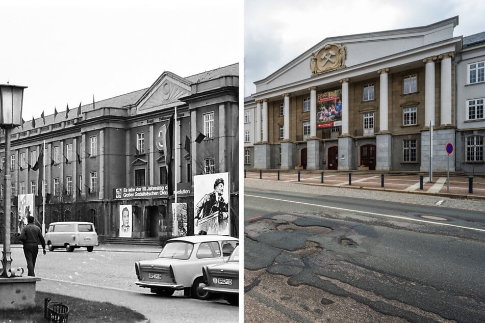 Rechts der Erstsitz der Wismut in der Jagdschänkenstraße (heute Knappschaft). Links ein Foto des gegenwärtigen (Nr. 29) aus den 1960ern.