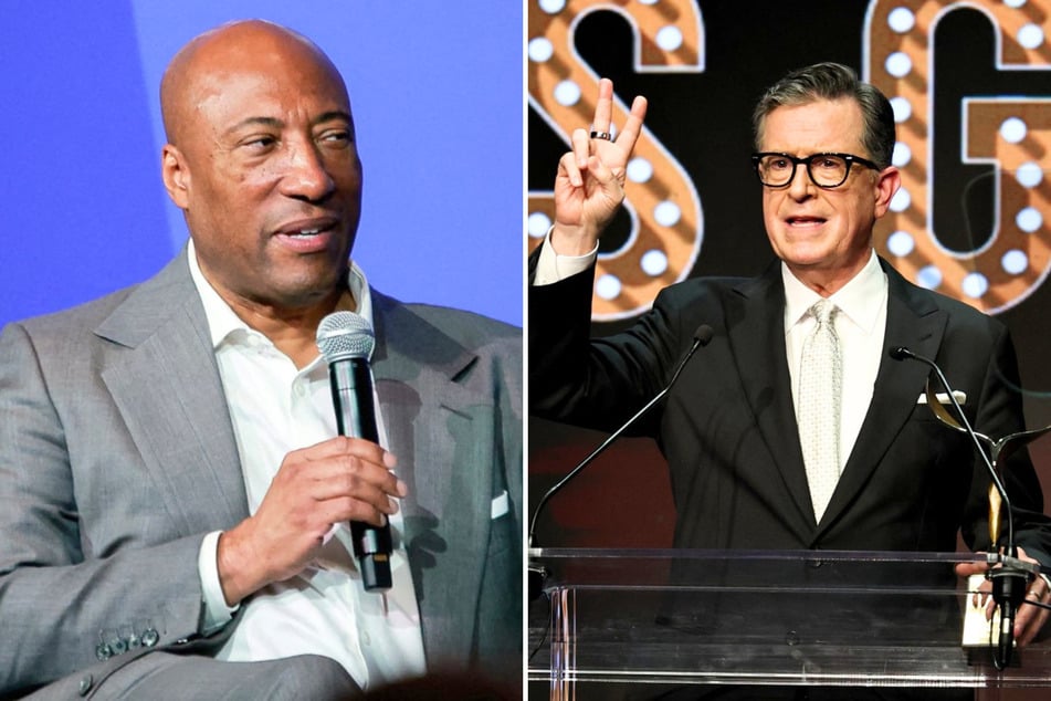 Ratings data revealed that CBS saw an 85% loss in viewership after replacing Stephen Colbert's (r.) Late Show with billionaire Byron Allen's Comics Unleashed.