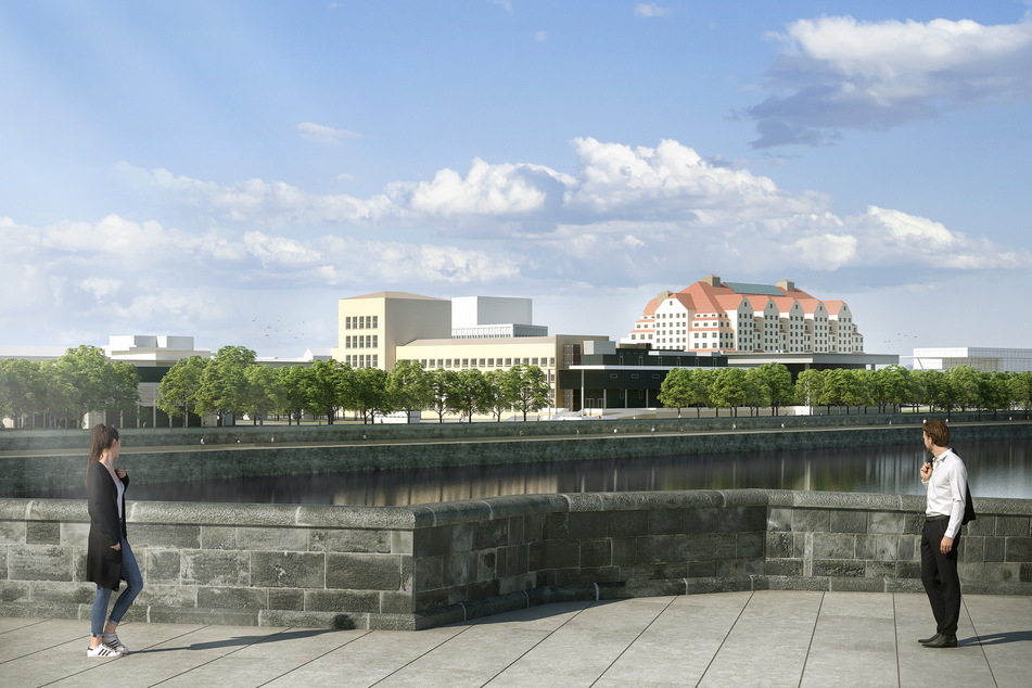 Die Sicht auf den Landtags-Neubau von der Brücke.