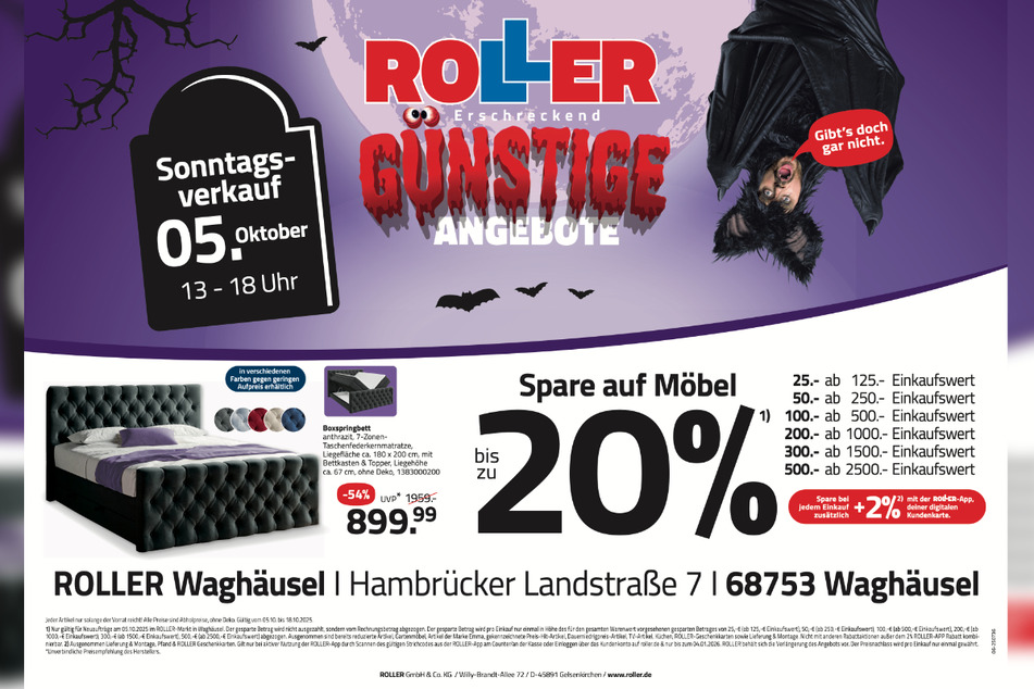 Zum verkaufsoffenen Sonntag (5.10.) bei ROLLER in Waghäusel gibt's Boxspringbetten 54 Prozent günstiger.