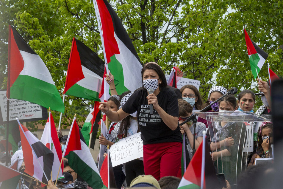 Palestinian-American Congresswoman Rashida Tlaib speaks at a rally for Palestinian rights in Dearborn, Michigan.