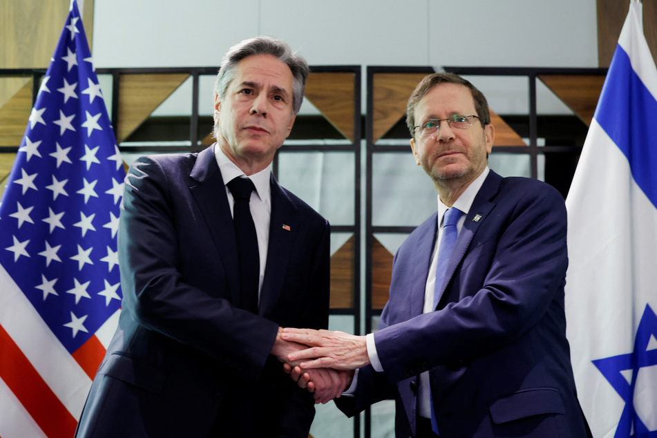 US Secretary of State Antony Blinken meets Israel's President Isaac Herzog in Tel Aviv on January 9, 2024.