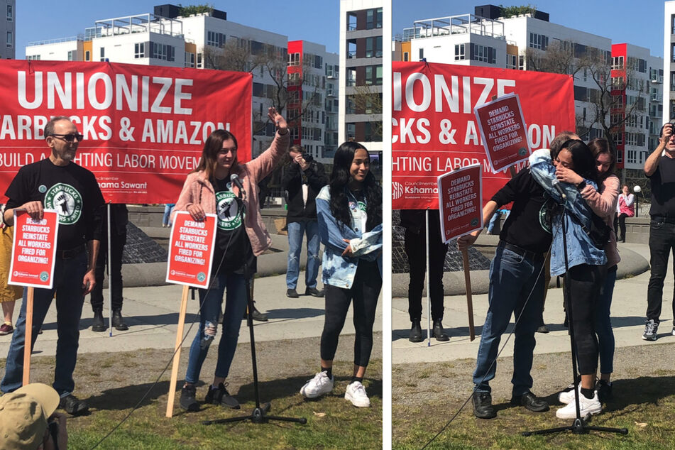 From l. to r.: Bill Whitmire, Alyssa Sanchez, and Laila Dalton rally in Seattle with fellow Starbucks Workers United organizers.