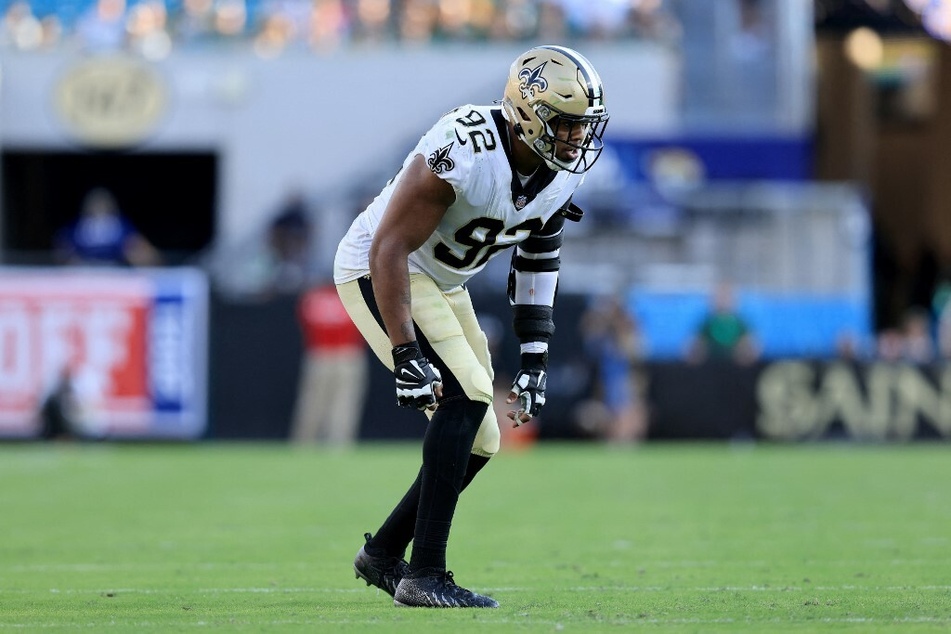 Marcus Davenport of the New Orleans Saints lines up during the game against the Green Bay Packers.