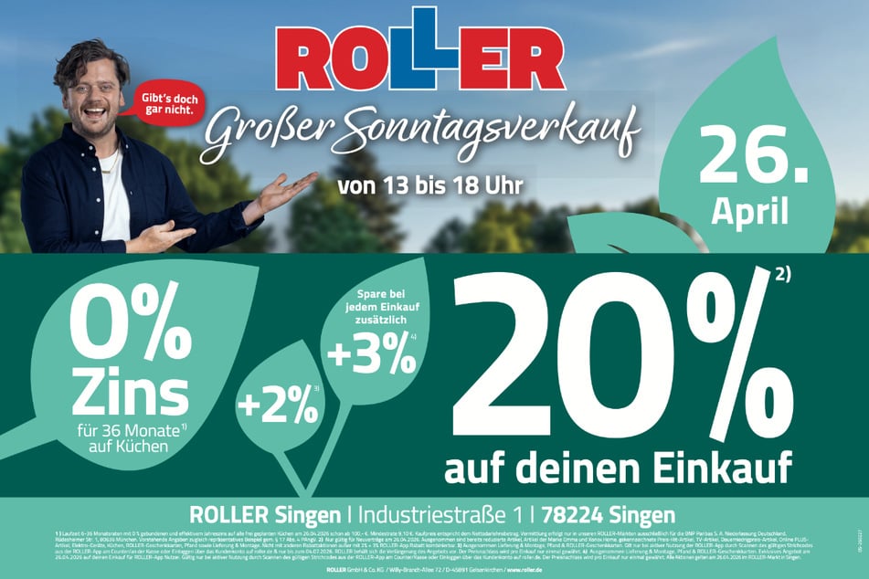 Der verkaufsoffene Sonntag (26.4.) bei ROLLER in Singen steigt von 13 bis 18 Uhr.