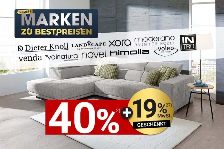 Zurbrüggen Wohnzentren mağazalarında şu anda neredeyse tüm güncel mobilyalarda en az %40 artı %19 indirim var.²²⁷