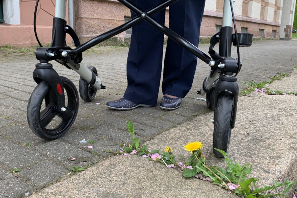 Da wird die Straßenüberquerung zur doppelten Herausforderung: Mit dem Rollator muss man derzeit nicht nur auf hohe Kanten aufpassen, sondern auch darauf, nicht im höher werdenden Unkraut hängenzubleiben.