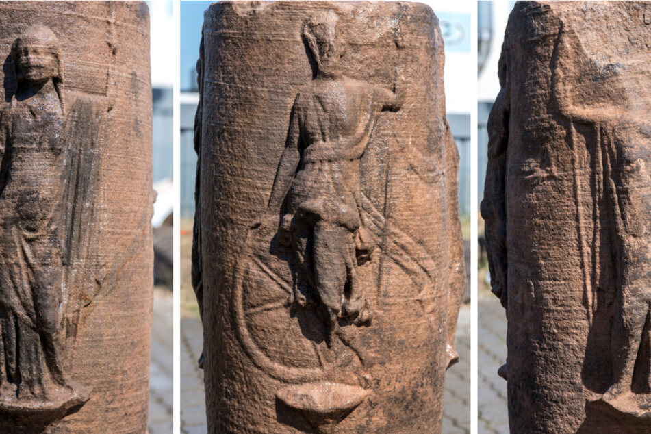 Die Montage zeigt alle drei auf dem Säulenrelief dargestellten Göttinnen: links Juno, in der Mitte sehr wahrscheinlich Nemesis-Diana und rechts Minerva.