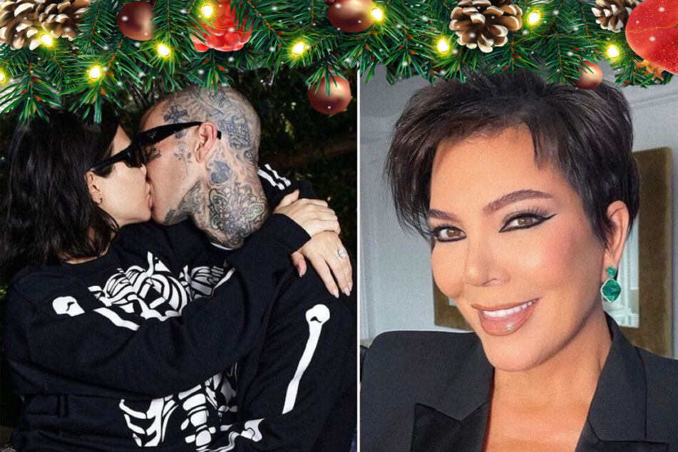 On Friday, Kris Jenner (r.) surprised fans with an upbeat rendition of Jingle Bells featuring Kourtney Kardashian and Travis Barker (l.).