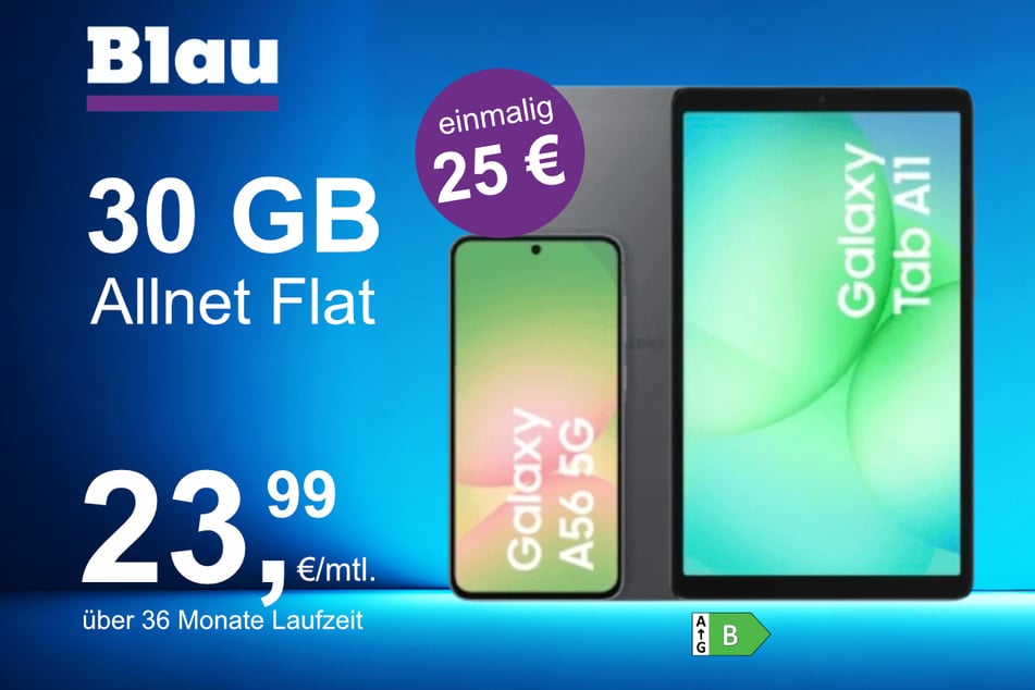 Das Samsung Galaxy A56 + Tab A11 im Blau Allnet L für einmalig 25 Euro.