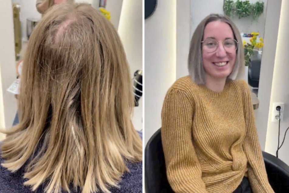 Der Vorher-Nachher-Vergleich zeigt: Melissas (29) schulterlange Haare sind einem grauen Bob gewichen.