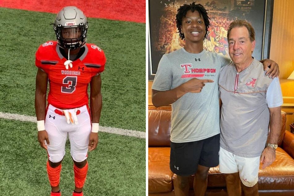 Tony Mitchell (c) poses with Alabama football's head coach Nick Saban.