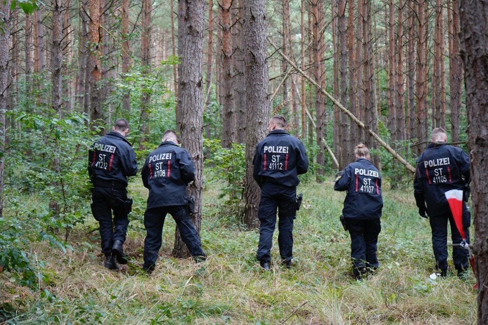 Die Polizei begibt sich in dem Waldstück auf die Suche.