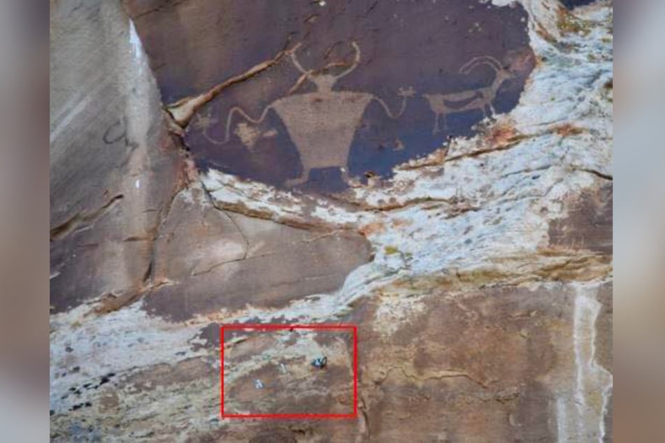 Climbing bolts on a petroglyph panel in the US state of Utah. Authorities are now searching for the perpetrators.