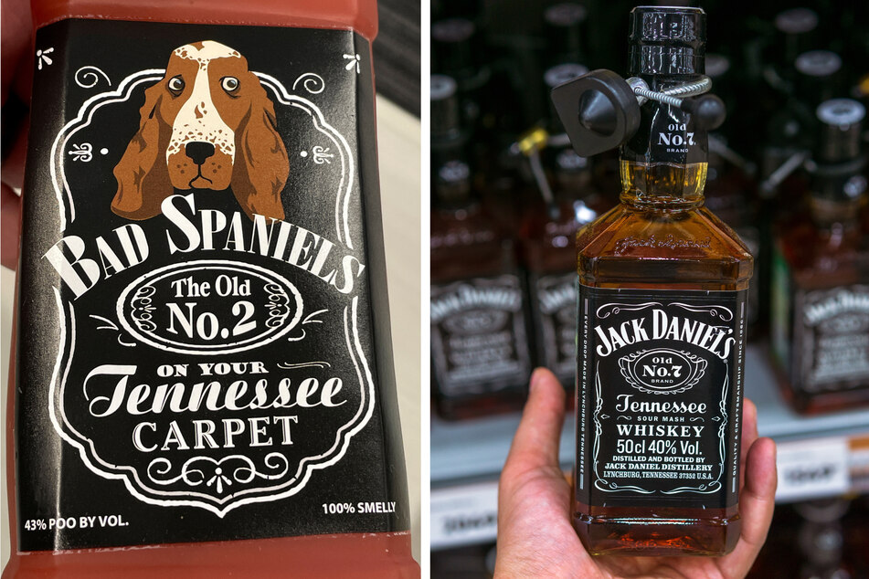 VIP Products' Bad Spaniels dog toy (l.) closely resembles a bottle of Jack Daniel's whiskey.