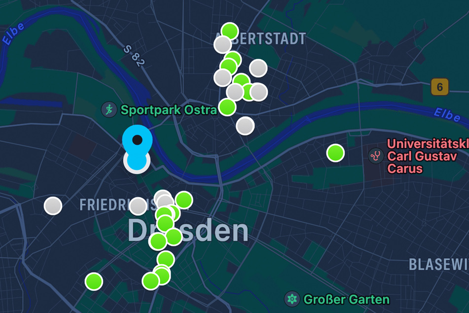 Noch konzentriert sich das Angebot auf Innenstadt und Neustadt. Die grauen und grünen Punkte stehen für Händler und Restaurants, die über Wolt liefern lassen.