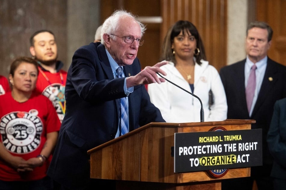 Senator Bernie Sanders speaks during a news conference to announce the reintroduction of the Richard L. Trumka Protecting the Right to Organize Act on March 5, 2025.