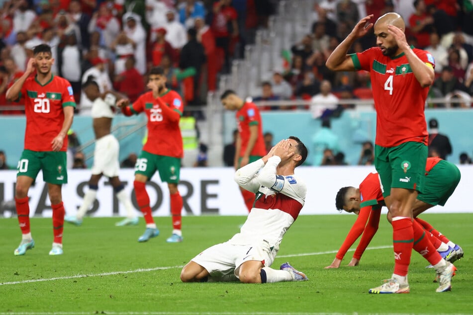 Portugal's Cristiano Ronaldo reacts after his team misses a chance to score.