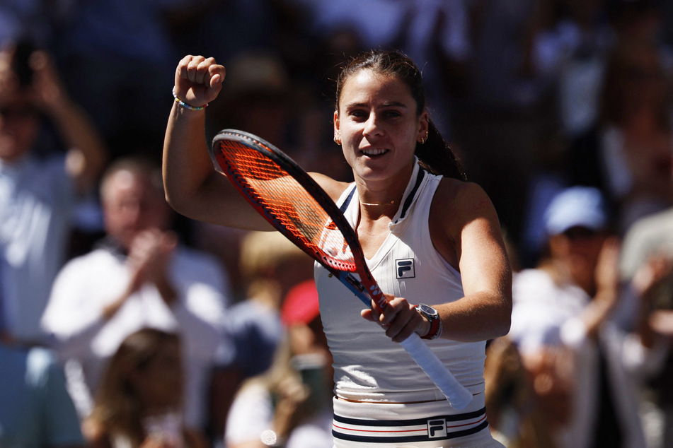 Emma Navarro celebrates winning her US Open quarter-final match against Spain's Paula Badosa.