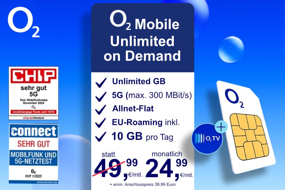 Der o2 Mobile Unlimited on Demand SIM-only für 24,99 statt 49,99 Euro.
