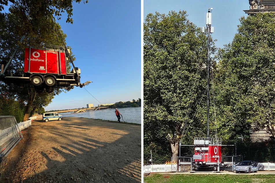 Aufgrund der teileingestürzten Carolabrücke hat Vodafone einen Mobilfunkmast am Elbufer platziert.