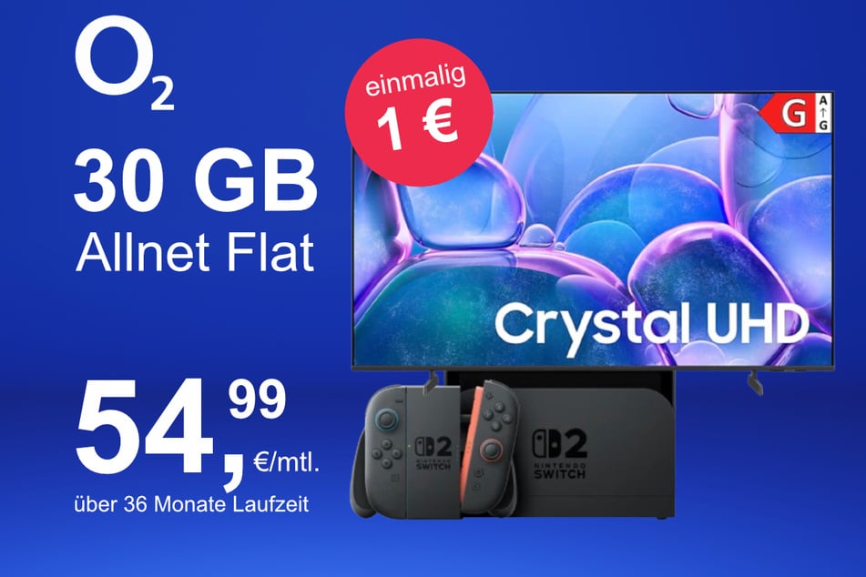 Die Nintendo Switch 2 plus Samsung 50-Zoll Crystal UHD im o2 Mobile M inkl. 30 GB+ für einmalig nur 1 Euro.