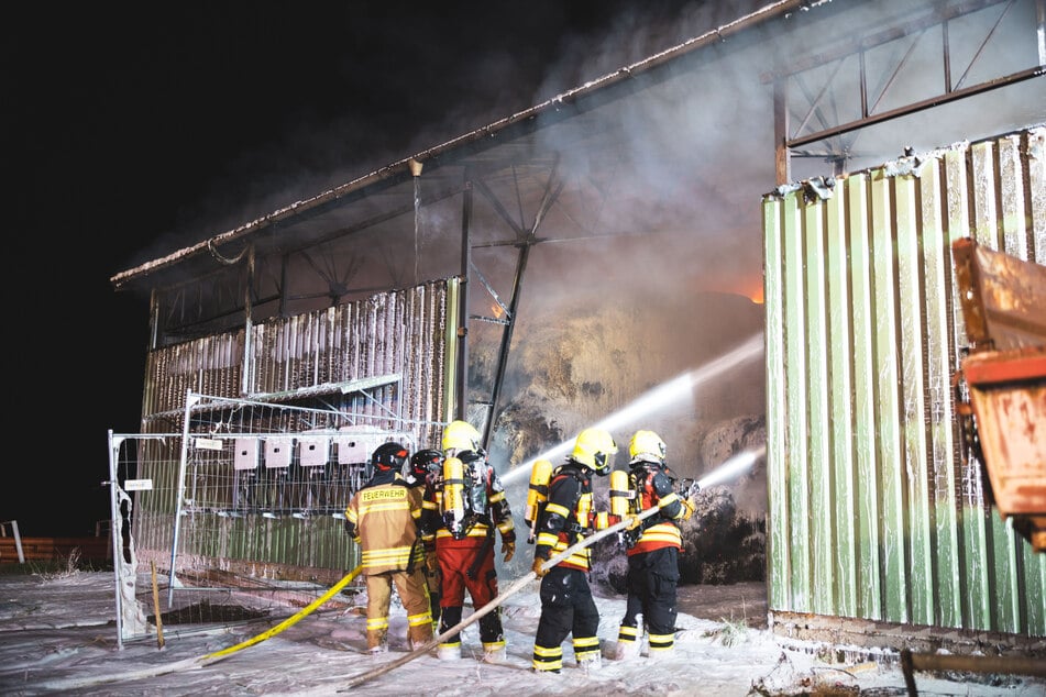 Die Kameraden der Feuerwehr kämpfen gegen die Flammen in Neumark.