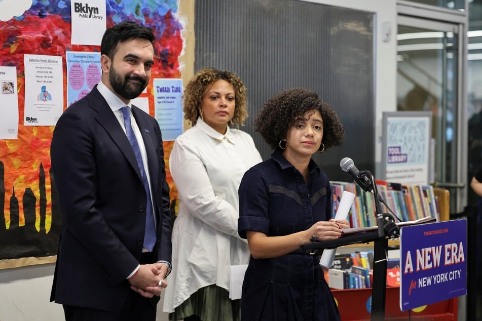 Catherine Almonte Da Costa (r.) speaks during a press conference alongside New York City Mayor-elect Zohran Mamdani (l.) and Jahmila Edwards (c.) on December 17, 2025