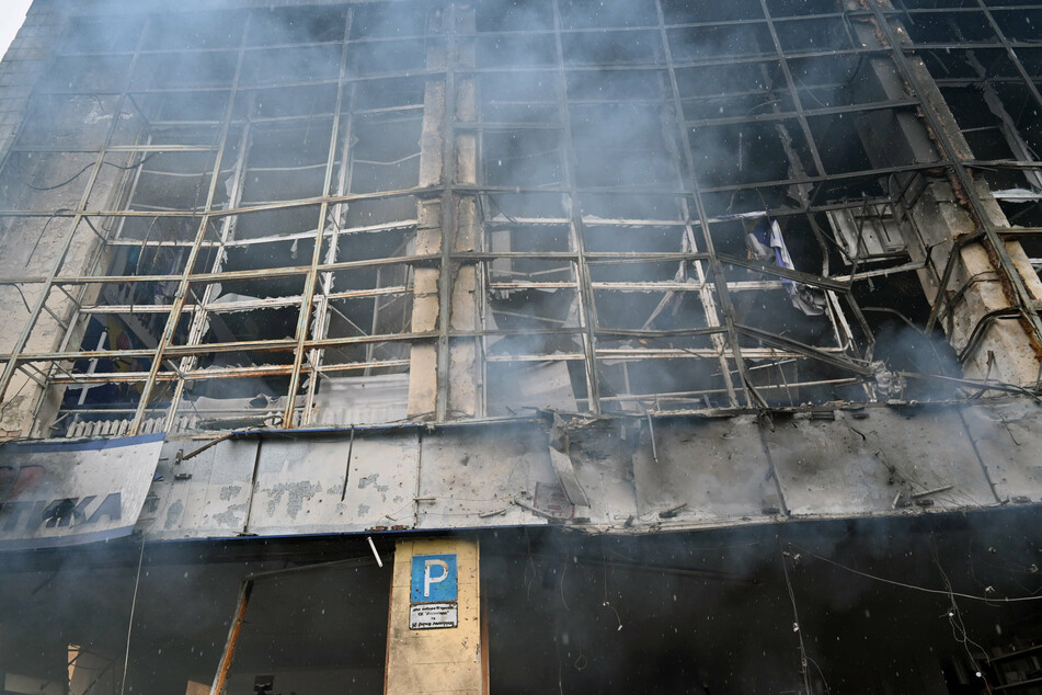 A damaged building after Russia's attack on the Kyiv TV tower.