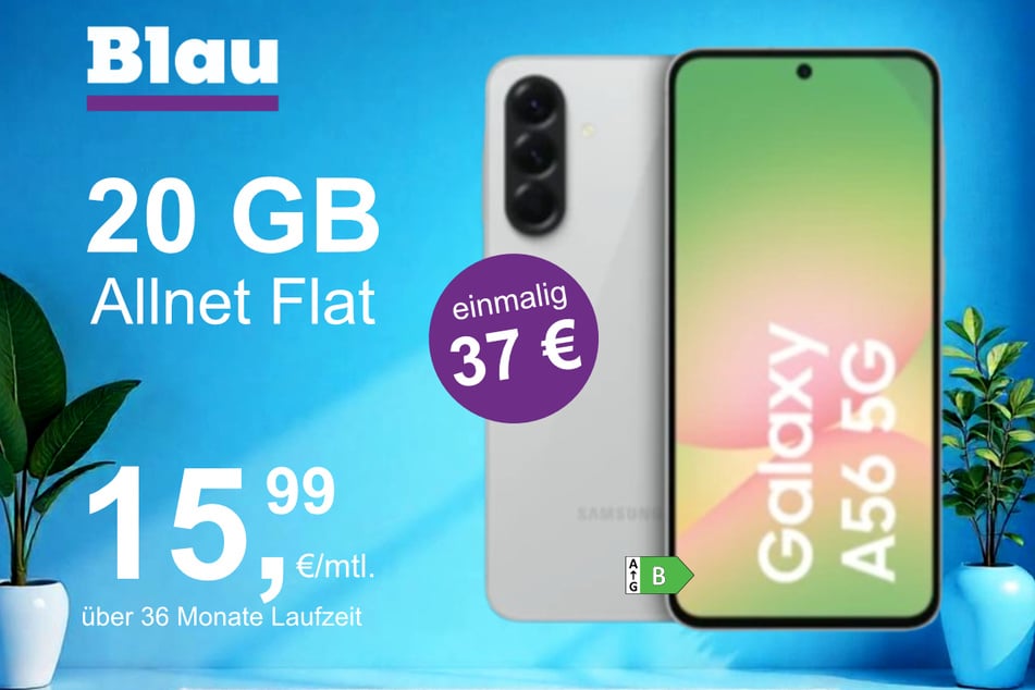 Das Samsung Galaxy A56 5G im Blau Allnet XL für einmalig 37 Euro.