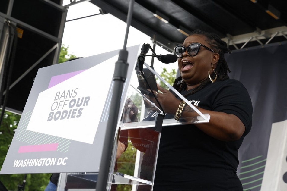 Monica Simpson, executive director of SisterSong, speaks against abortion restrictions at a Bans Off Our Bodies rally in Washington DC.