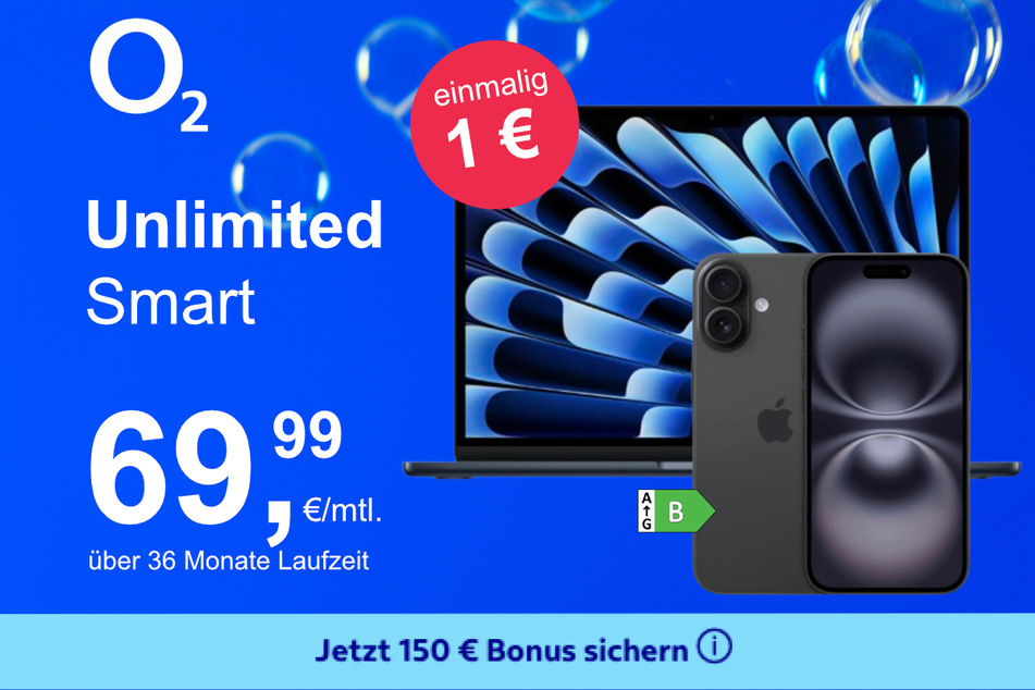 Das iPhone 16 + MacBook Air 13 im o2 Mobile Unlimited Smart für einmalig 1 Euro.