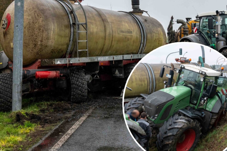 Traktor landet nach Bremsmanöver samt Güllefass im Seitengraben