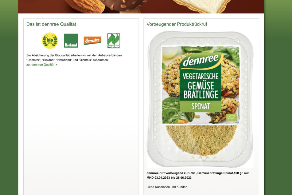 Auf seiner Internetseite ruft der Lebensmittelhersteller Dennree die "Gemüsebratlinge Spinat, 160 g" vorsorglich zurück.