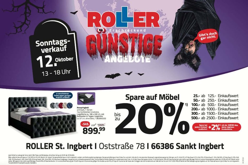 Zum verkaufsoffenen Sonntag (12.10.) bei ROLLER in St. Ingbert gibt's Boxspringbetten 54 Prozent günstiger.