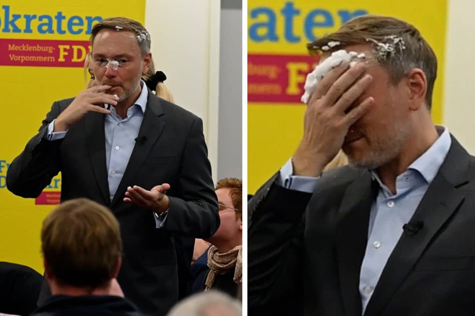 Die Schaum-Attacke traf Lindner mitten ins Gesicht.