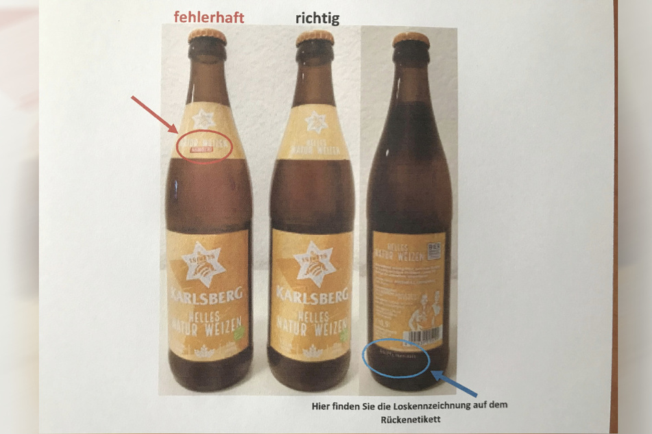 Die Flaschen (li.) wurden irrtürmlich mit einer Halsschleife versehen, die das alkohlhaltige Produkt als alkoholfrei ausweisen.