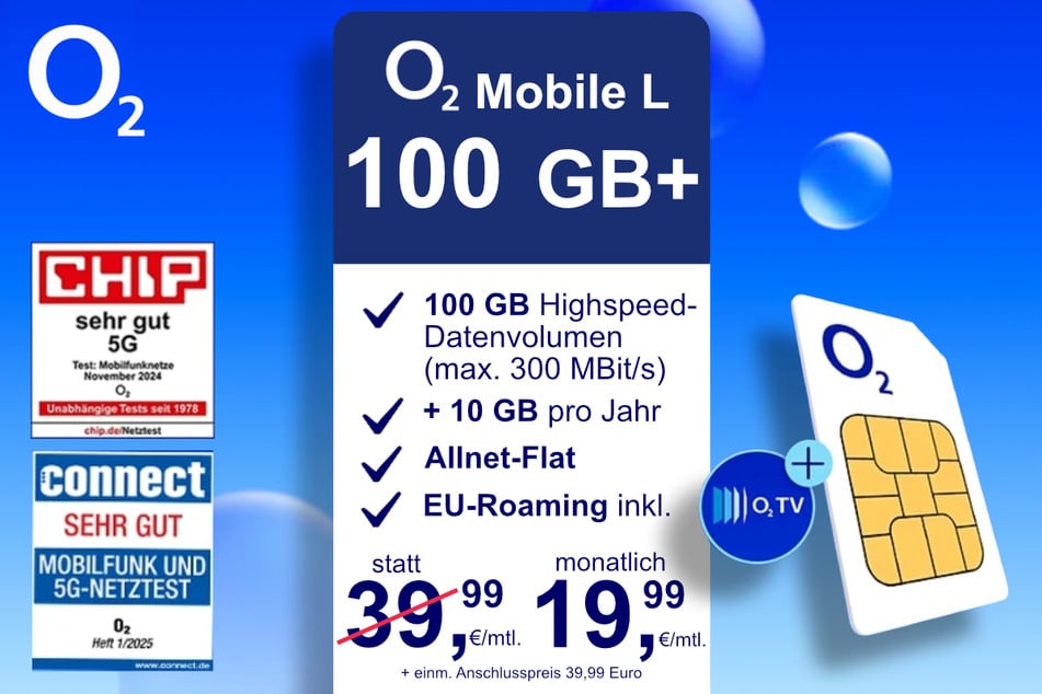 Der o2 Mobile L mit 100+ GB SIM-only für 19,99 statt 39,99 Euro.