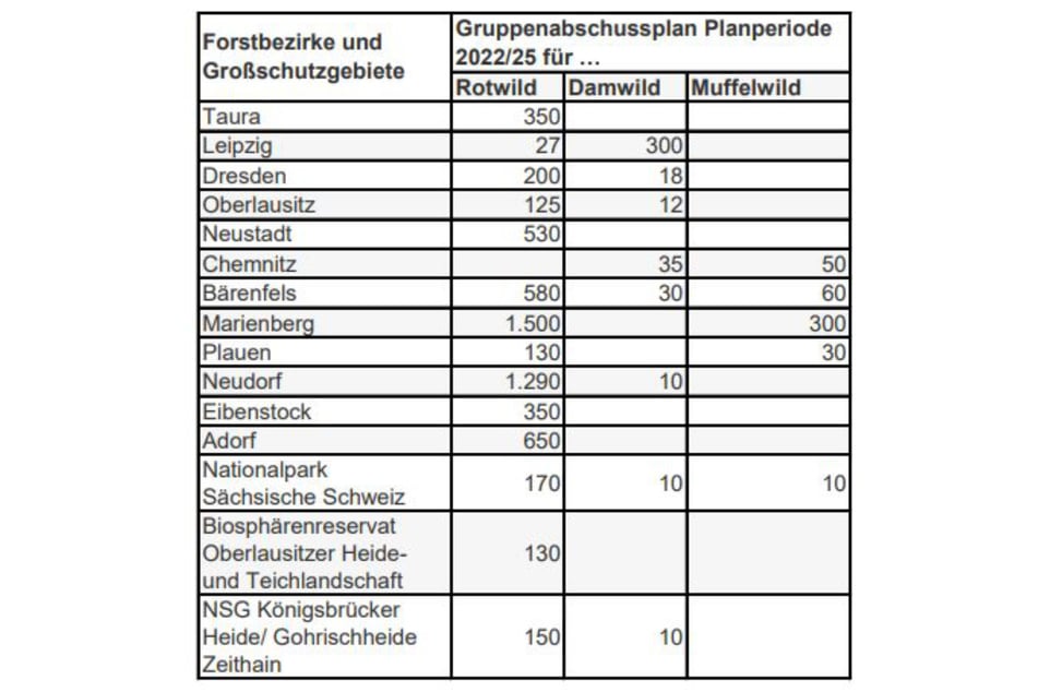 Die Tabelle von Sachsenforst zeigt den Abschussplan für Rot-, Dam- und Muffelwild.