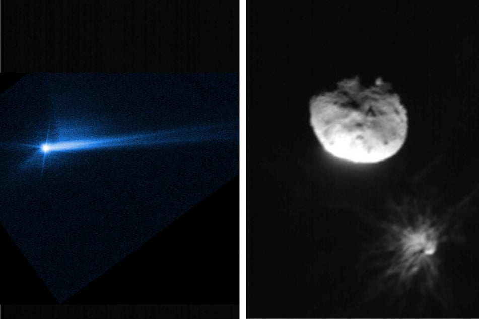 NASA released photos of debris (l.) blasted from the surface of Dimorphos (r.) after the asteroid was intentionally impacted by NASA's DART spacecraft on September 26.