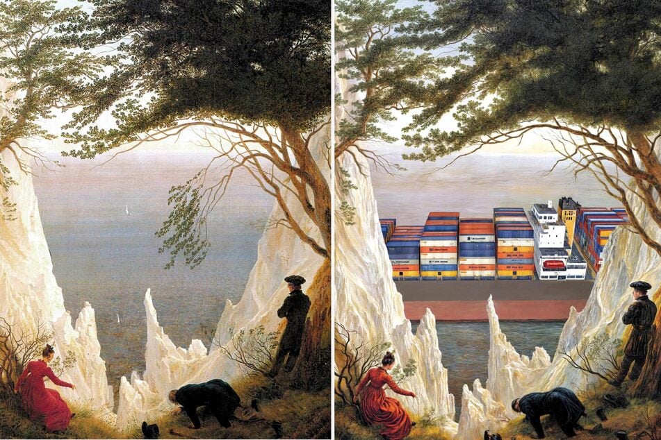 Das Gemälde "Kreidefelsen auf Rügen" entstand 1818 (li.). Im Cartoon von AD Karnebogen versperrt ein Containerschiff den Blick auf die Ostsee.