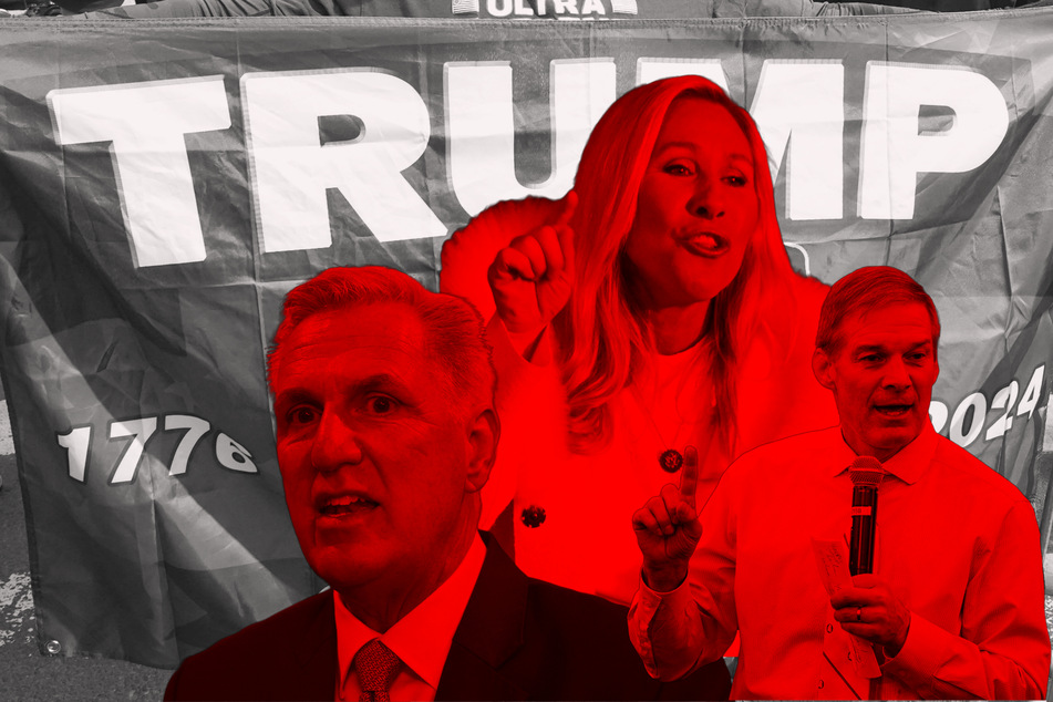 As Donald Trump stands trial for his efforts to overturn the 2020 election, his Republican allies, like (from l. to r.) Kevin McCarthy, Marjorie Taylor Greene, and Jim Jordan, are scrambling to defend him.
