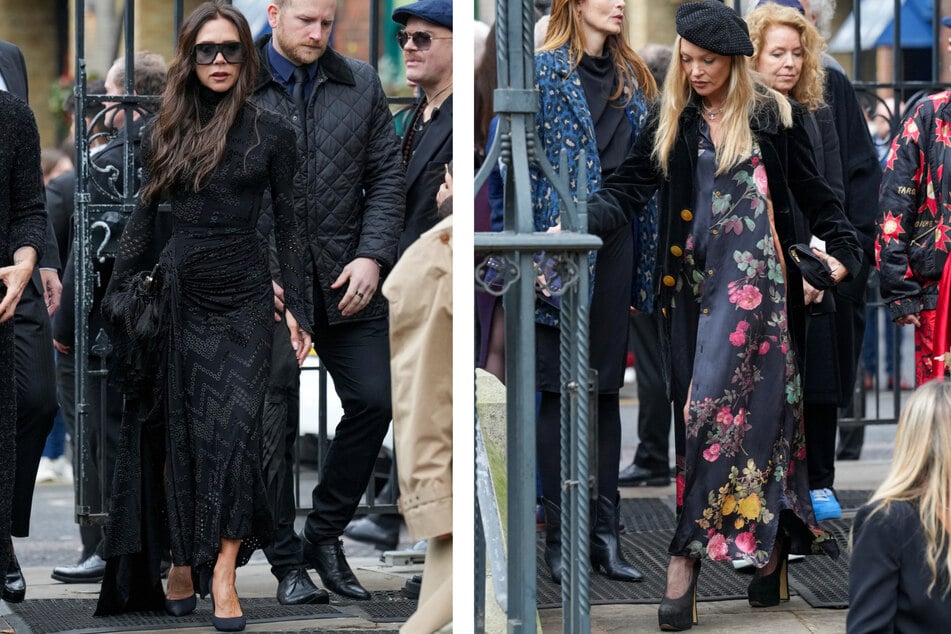 Victoria Beckham (l.) and Kate Moss attend the memorial for fashion designer Vivienne Westwood in London