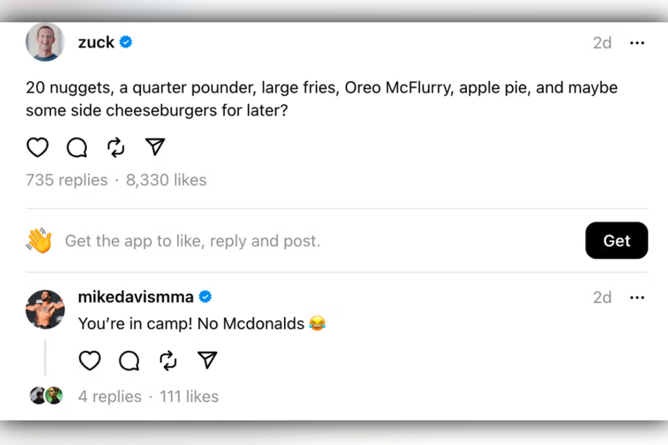 Für sein üppiges McDonalds-Menü wurde Zuckerberg von MMA-Sportler Mike Davos getadelt.